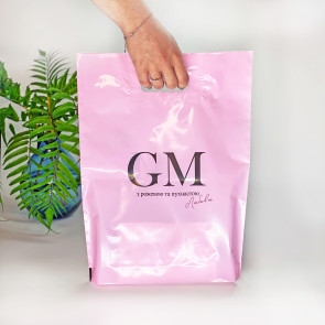 Die Cut Handle plastic bag for privat-label 30x40(+3) cm, 50 μm, pink, LDPE